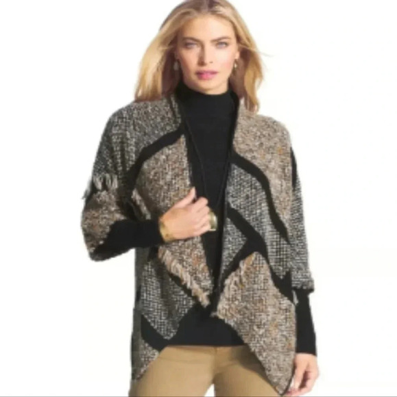 Chico's Textured Knit Fringe Career Open Front Cardigan   Patchwork Wool Blend - Picture 6 of 10